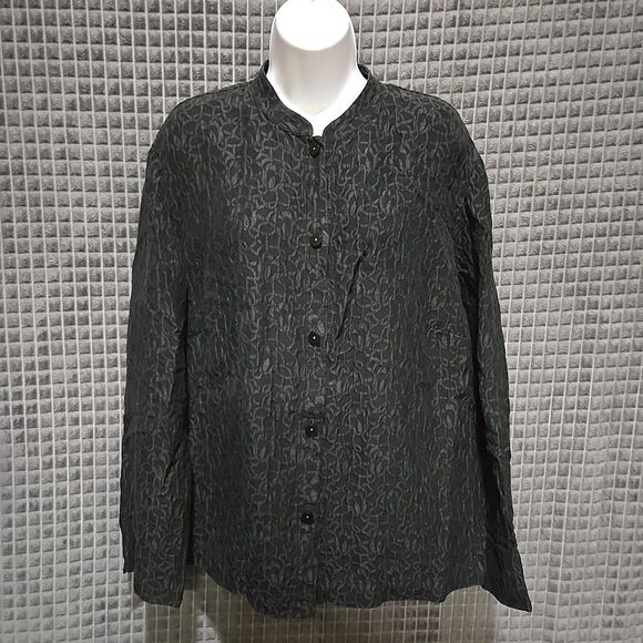 Silk Linen Buttonup Shirt Jacket 20W KateHill Lightweight Jacquard Artsy Money - Picture 1 of 16
